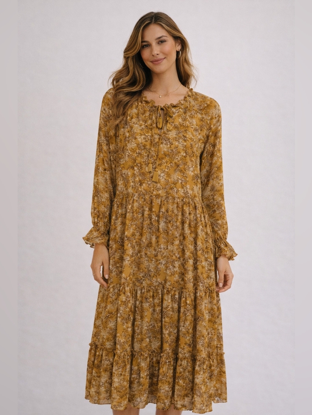 Boho Tiered Mustard Floral Maxi Dress with Tie Neck